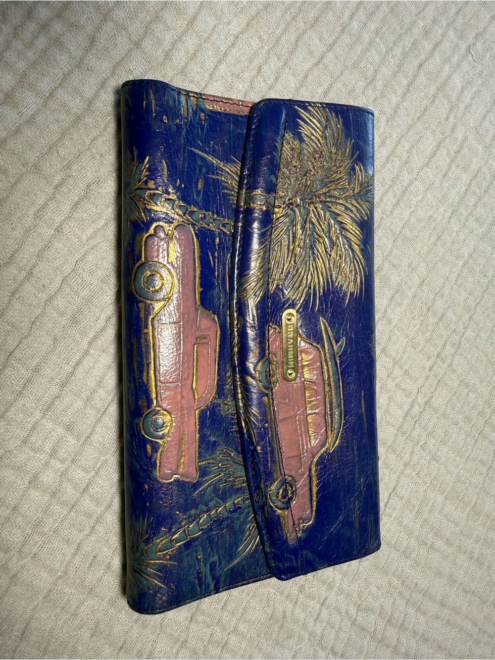 Brahmin Navy Leather Wallet with Pink Car Motif and Gold Palm Detail
